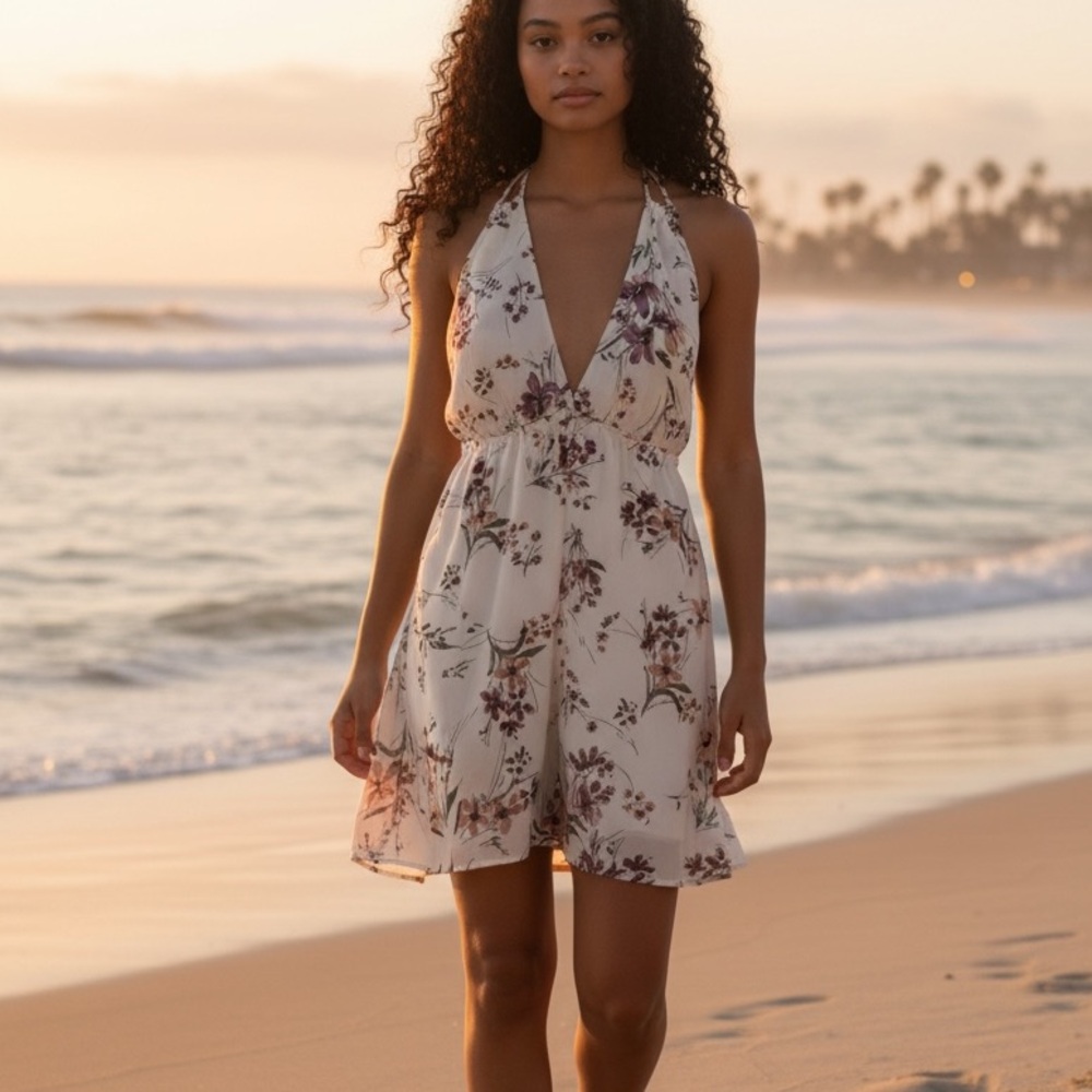 Misty Rose Floral Halter Summer Dress - Cream with Mauve Flowers